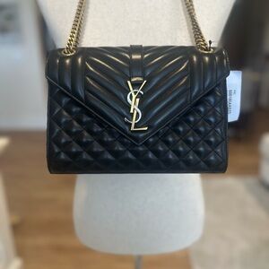 NWT Yves Saint Laurent Black Mixed Metal ENVELOPE MEDIUM IN MATELASSÉ LAMBSKIN